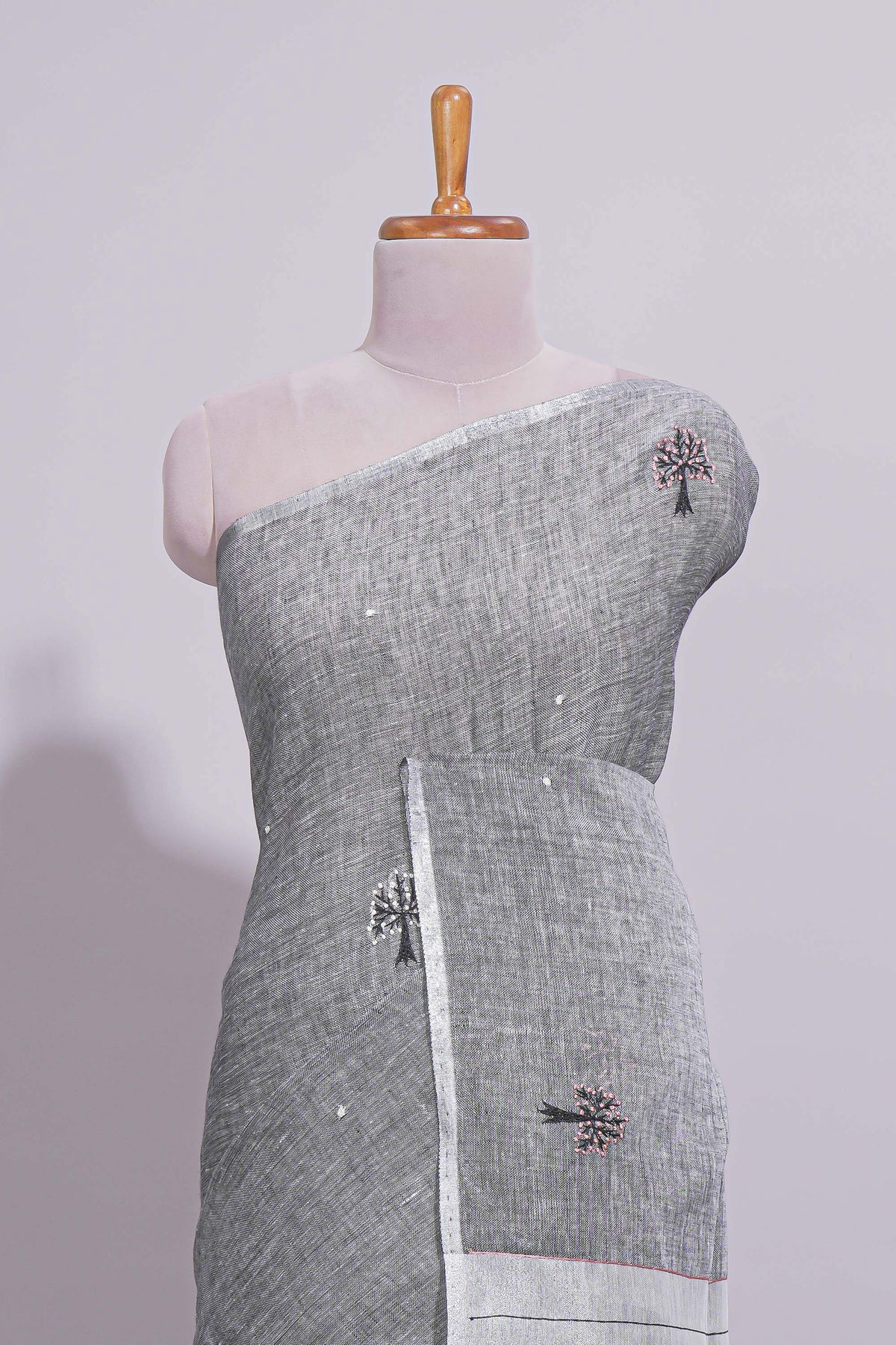 Grey Shade Linen Cotton Saree with Self Border and  Matching Plain Blouse