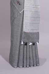 Grey Shade Linen Cotton Saree with Self Border andMatching Plain Blouse