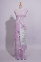 Pink unique motifs design linen cotton saree with self border and plain blouse