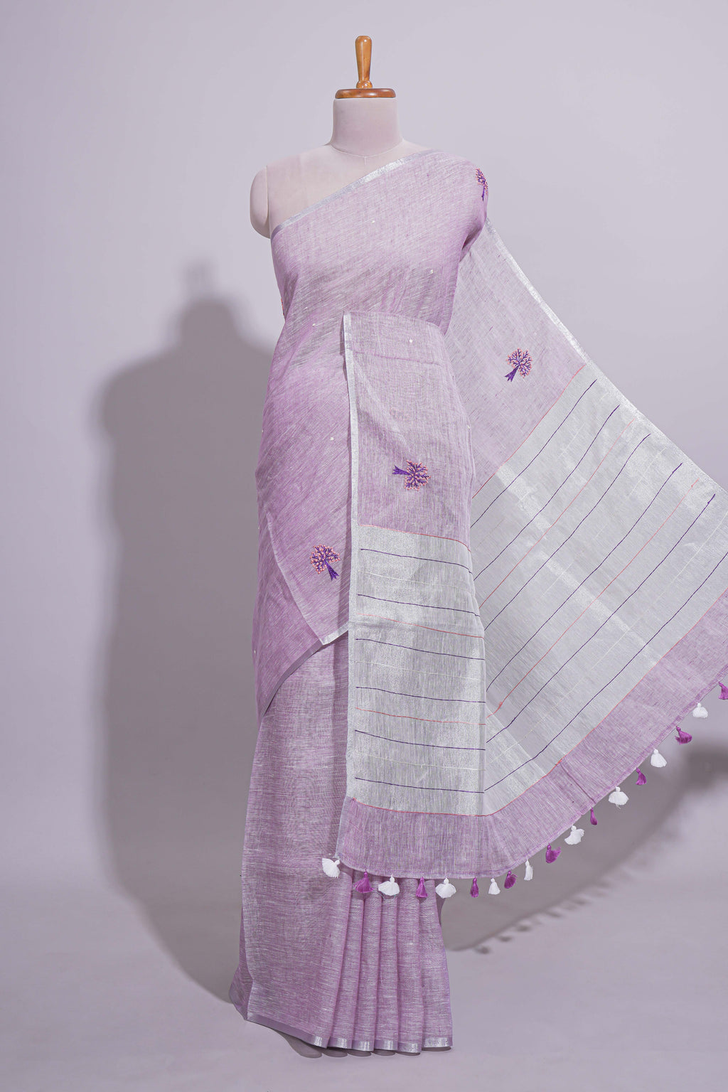 Pink unique motifs design linen cotton saree with self border and plain blouse