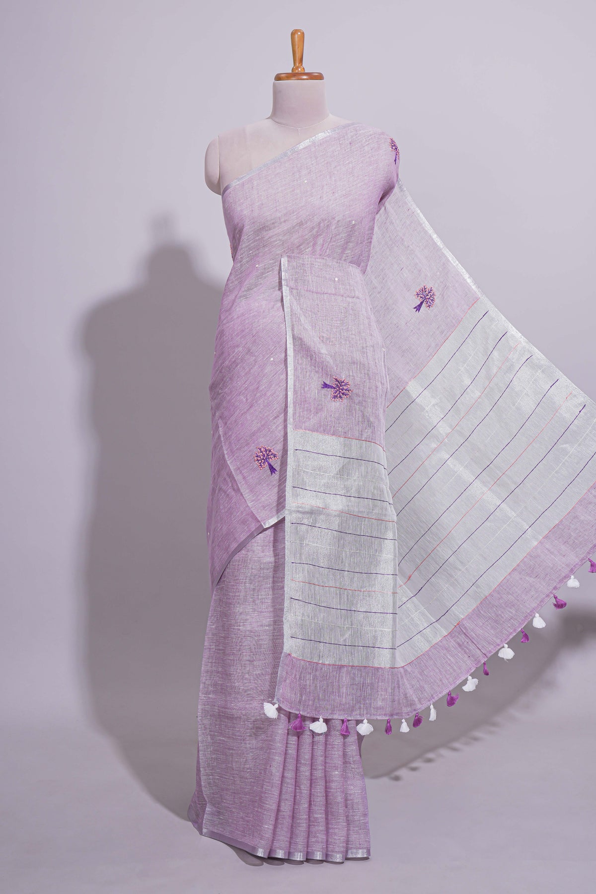 Pink unique motifs design linen cotton saree with self border and plain blouse