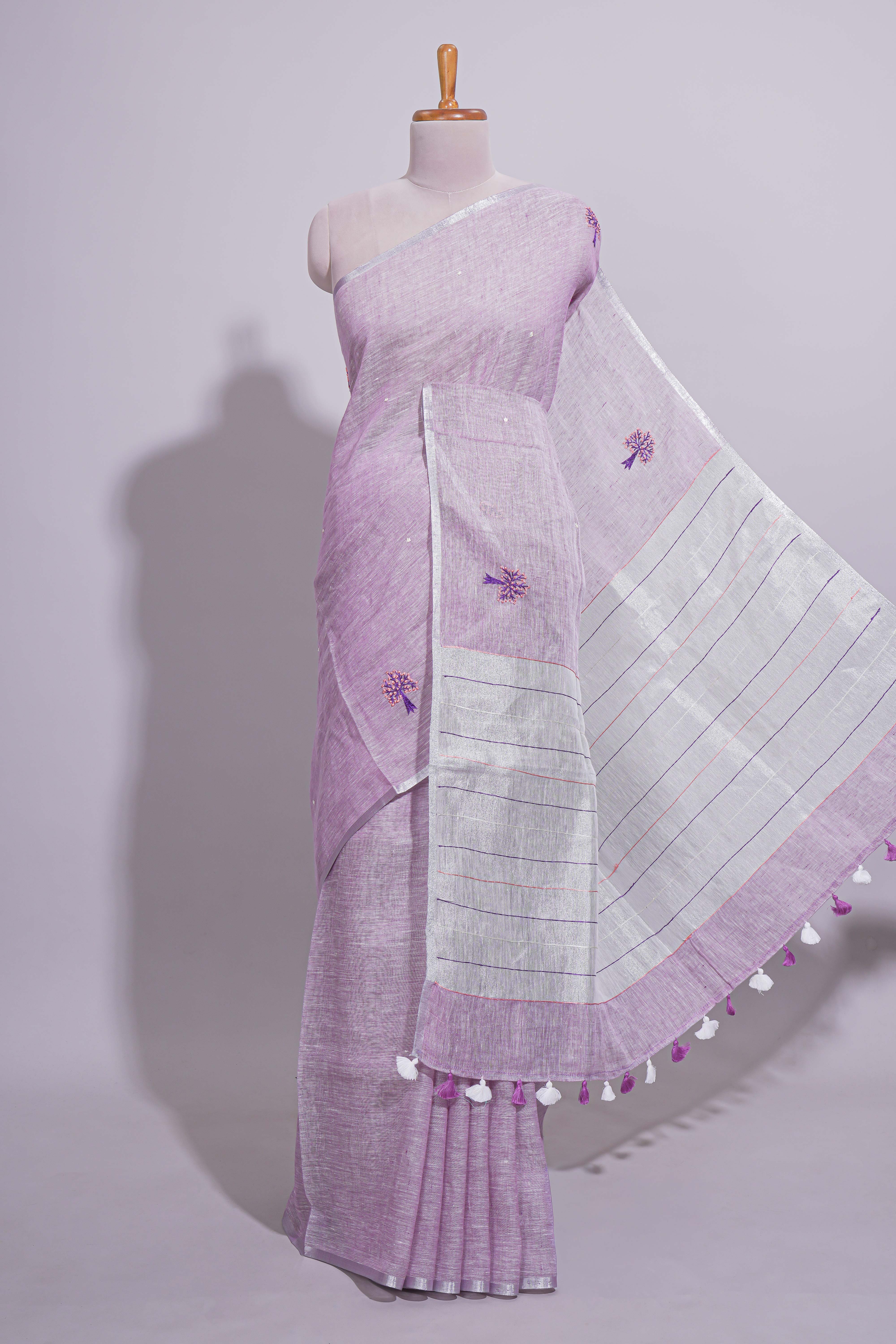Pink unique motifs design linen cotton saree with self border and plain blouse