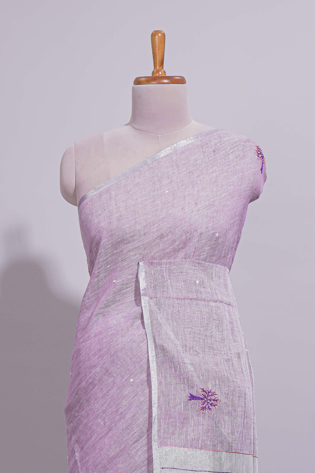 Pink unique motifs design linen cotton saree with self border and plain blouse