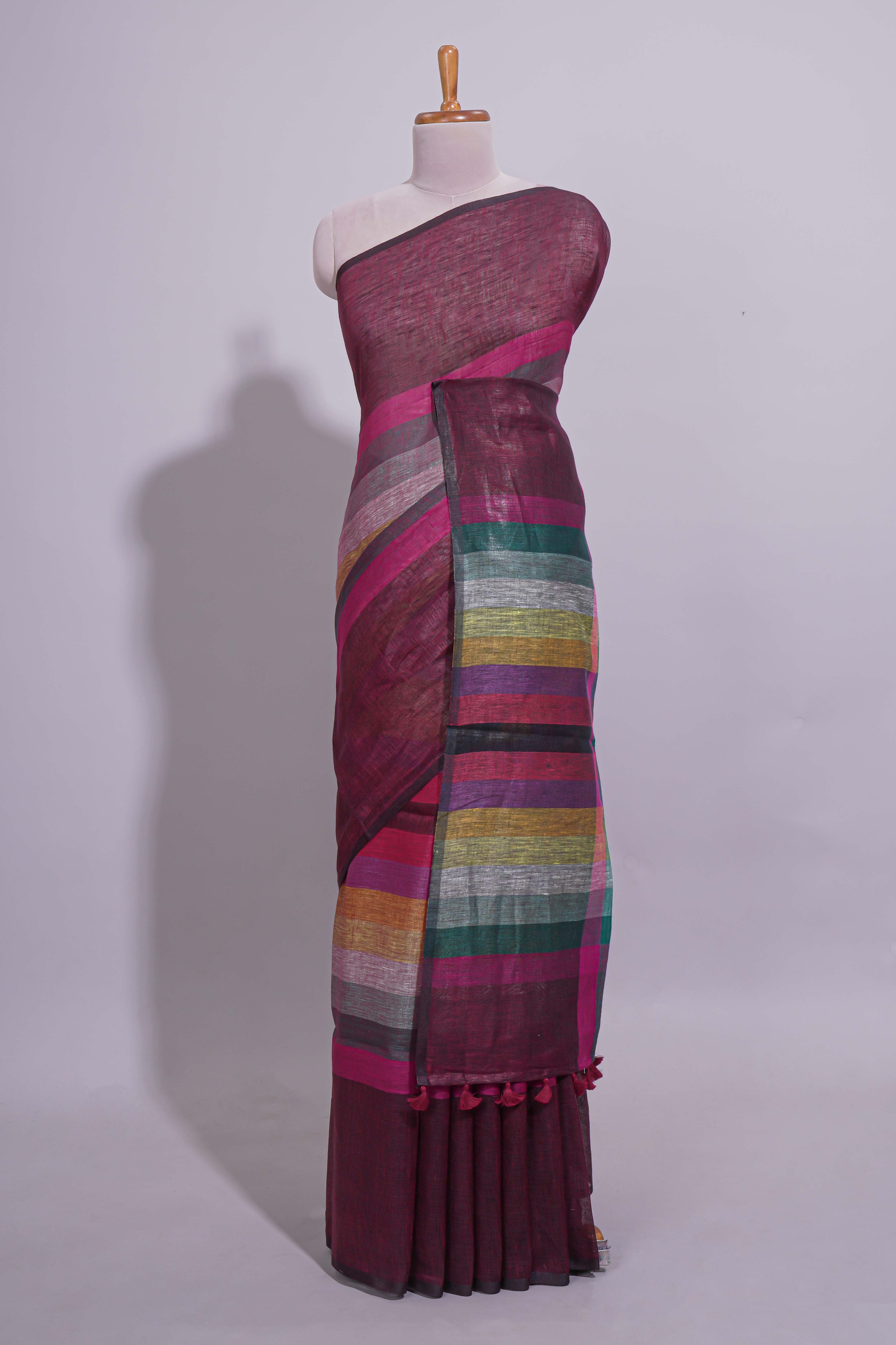 Multicolor Striped Linen Cotton Saree With Multicolor Pallu and Matching Blouse