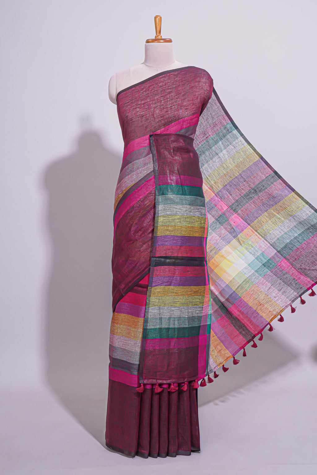 Multicolor Striped Linen Cotton Saree With Multicolor Pallu and Matching Blouse