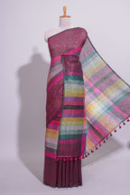 Multicolor Striped Linen Cotton Saree With Multicolor Pallu and Matching Blouse