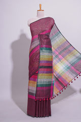 Multicolor Striped Linen Cotton Saree With Multicolor Pallu and Matching Blouse