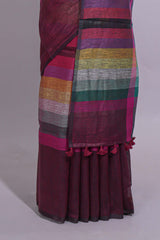 Multicolor Striped Linen Cotton Saree With Multicolor Pallu and Matching Blouse