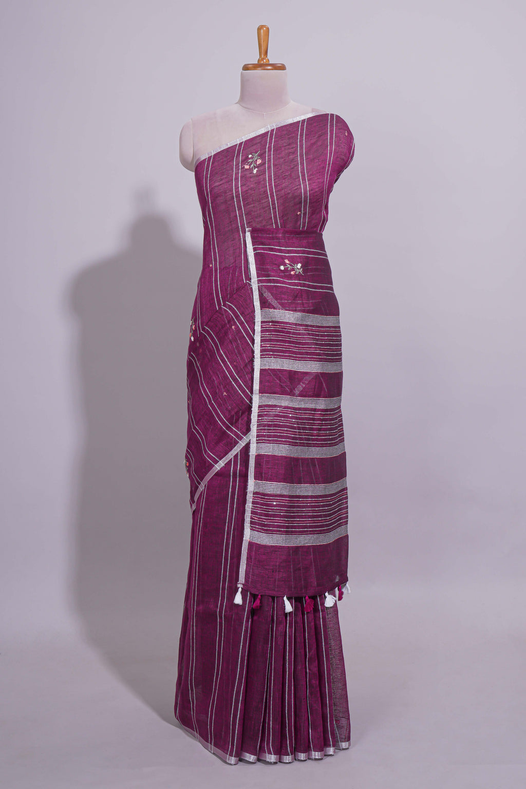 Wine Pink Striped Linen Cotton Saree with Self Border Contrast Pallu and Matching Plain Blouse