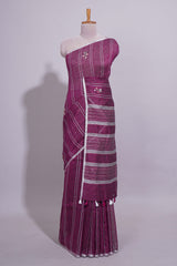 Wine Pink Striped Linen Cotton Saree with Self Border Contrast Pallu and Matching Plain Blouse