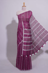 Wine Pink Striped Linen Cotton Saree with Self Border Contrast Pallu and Matching Plain Blouse