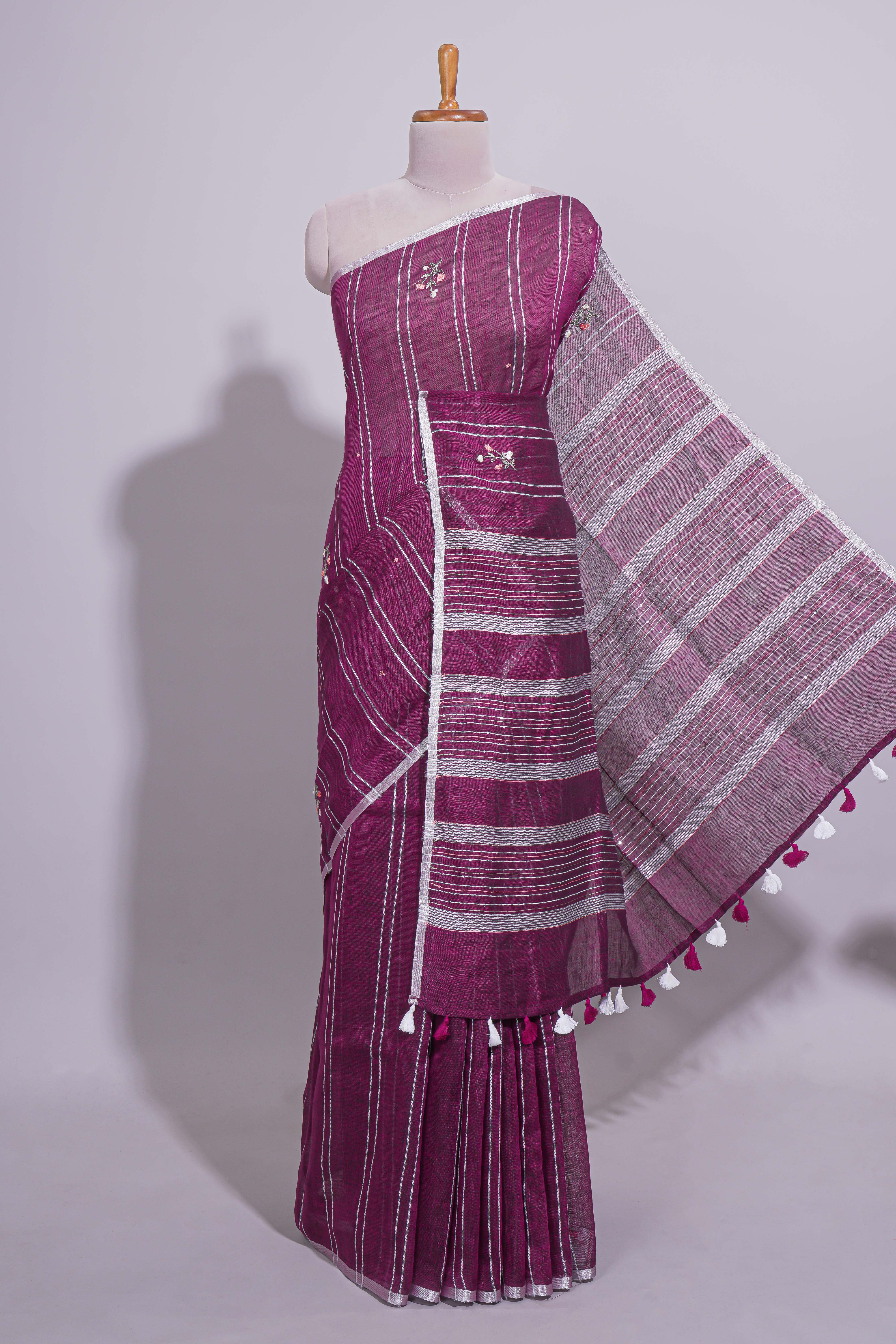 Wine Pink Striped Linen Cotton Saree with Self Border Contrast Pallu and Matching Plain Blouse
