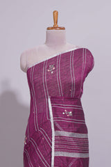 Wine Pink Striped Linen Cotton Saree with Self Border Contrast Pallu and Matching Plain Blouse