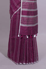 Wine Pink Striped Linen Cotton Saree with Self Border Contrast Pallu and Matching Plain Blouse