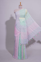 Multicolor plain Linen Cotton Saree with Self Border And Matching Blouse