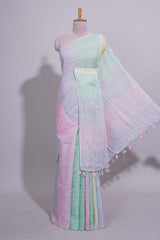Multicolor plain Linen Cotton Saree with Self Border And Matching Blouse