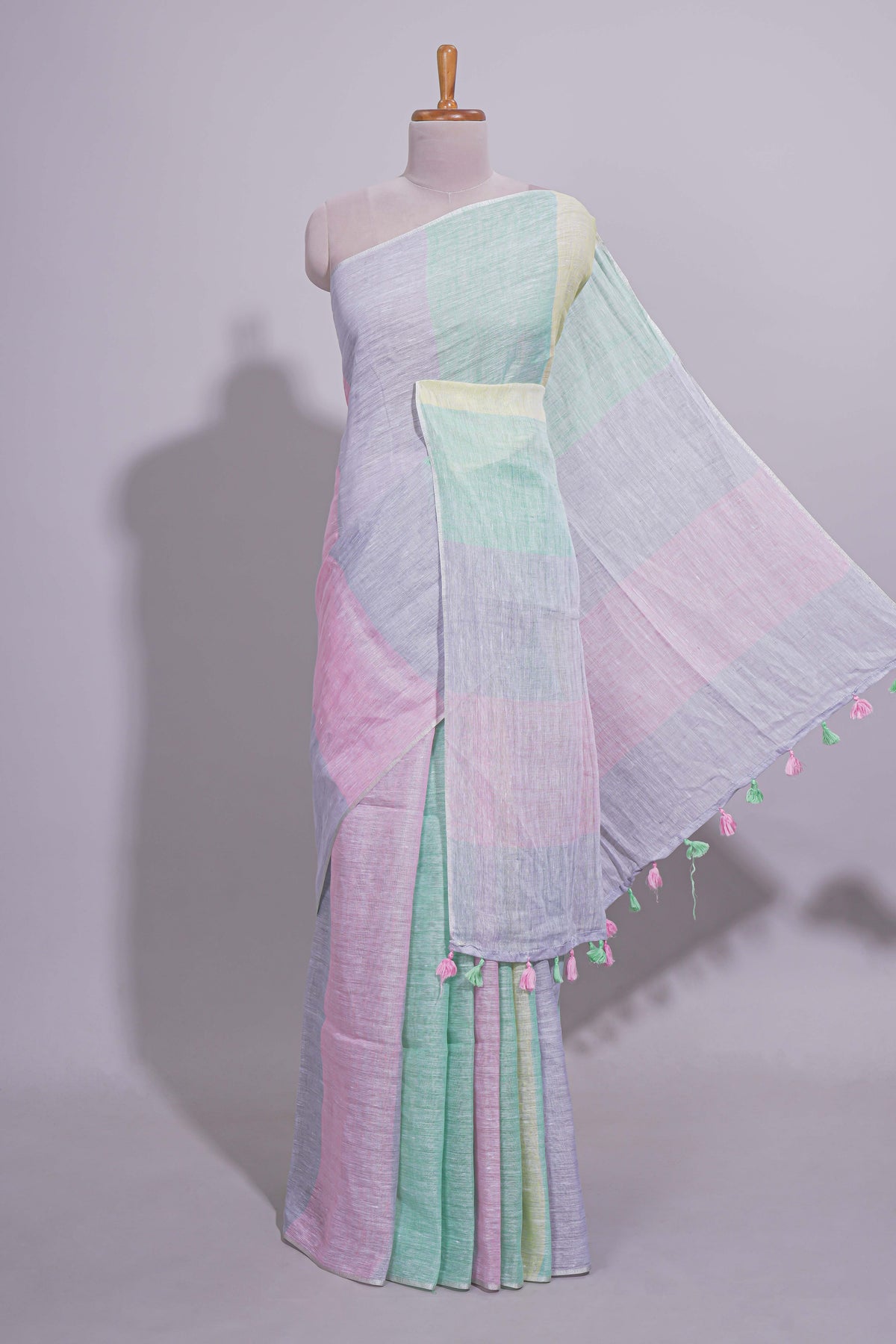 Multicolor plain Linen Cotton Saree with Self Border And Matching Blouse