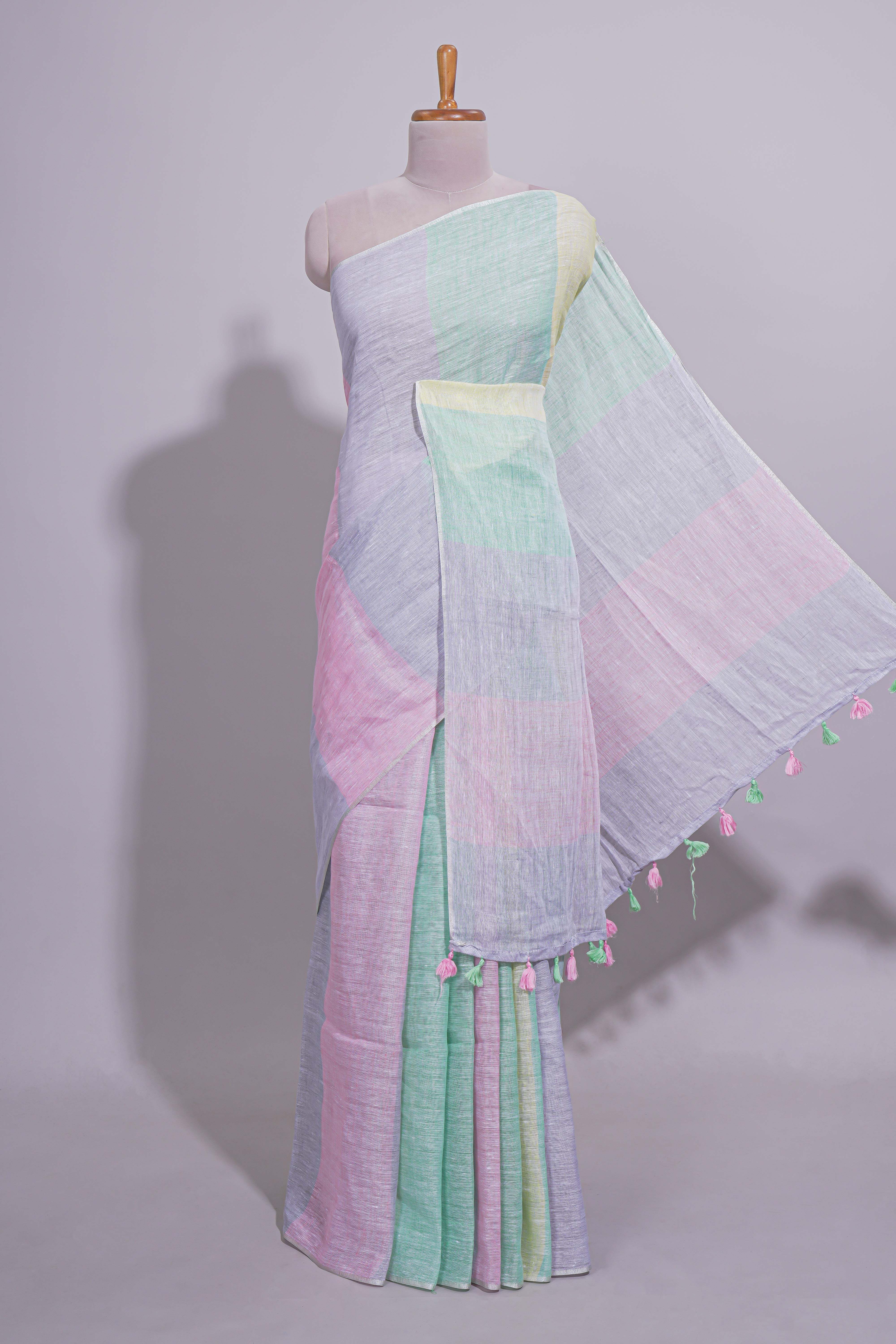 Multicolor plain Linen Cotton Saree with Self Border And Matching Blouse
