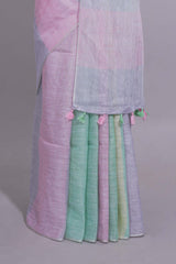 Multicolor plain Linen Cotton Saree with Self Border And Matching Blouse