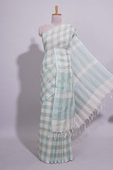 Light Green Checked Linen Cotton Saree with Matching Pallu and Contrast Blouse