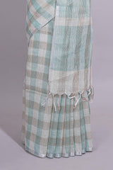 Light Green Checked Linen Cotton Saree with Matching Pallu and Contrast Blouse