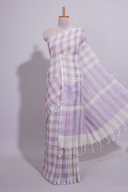 Light Purple Checked Linen Cotton Saree with Matching Pallu and Contrast Blouse