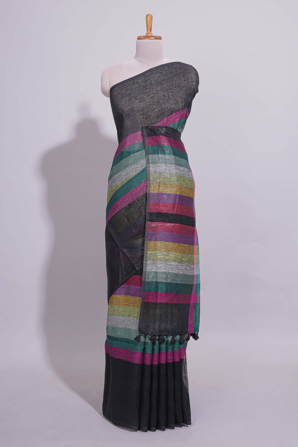 Multicolor Stripes on Black Linen Cotton Saree With Multicolor Pallu and Matching Blouse