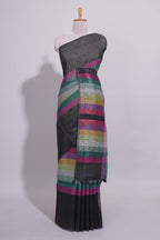 Multicolor Stripes on Black Linen Cotton Saree With Multicolor Pallu and Matching Blouse