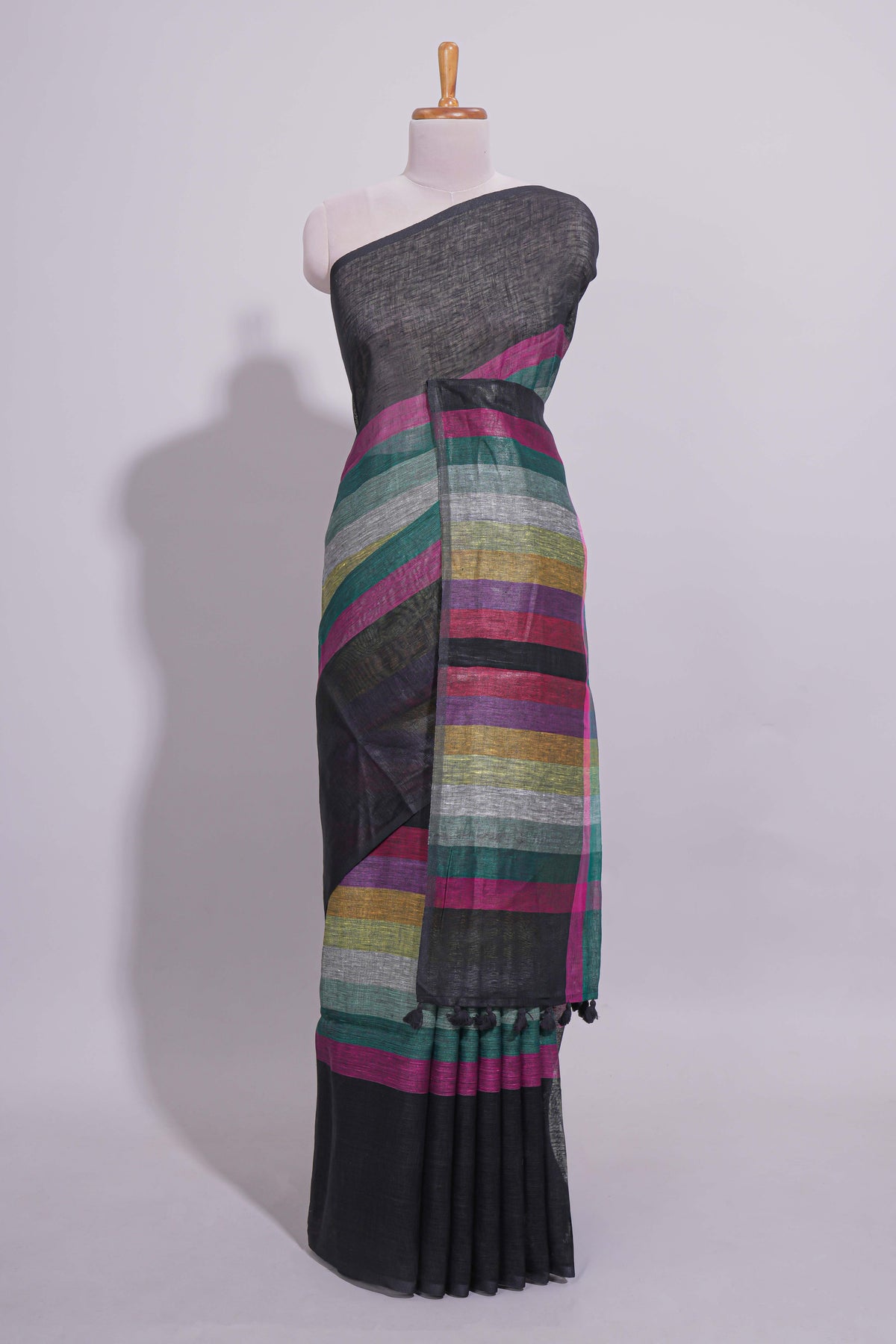 Multicolor Stripes on Black Linen Cotton Saree With Multicolor Pallu and Matching Blouse