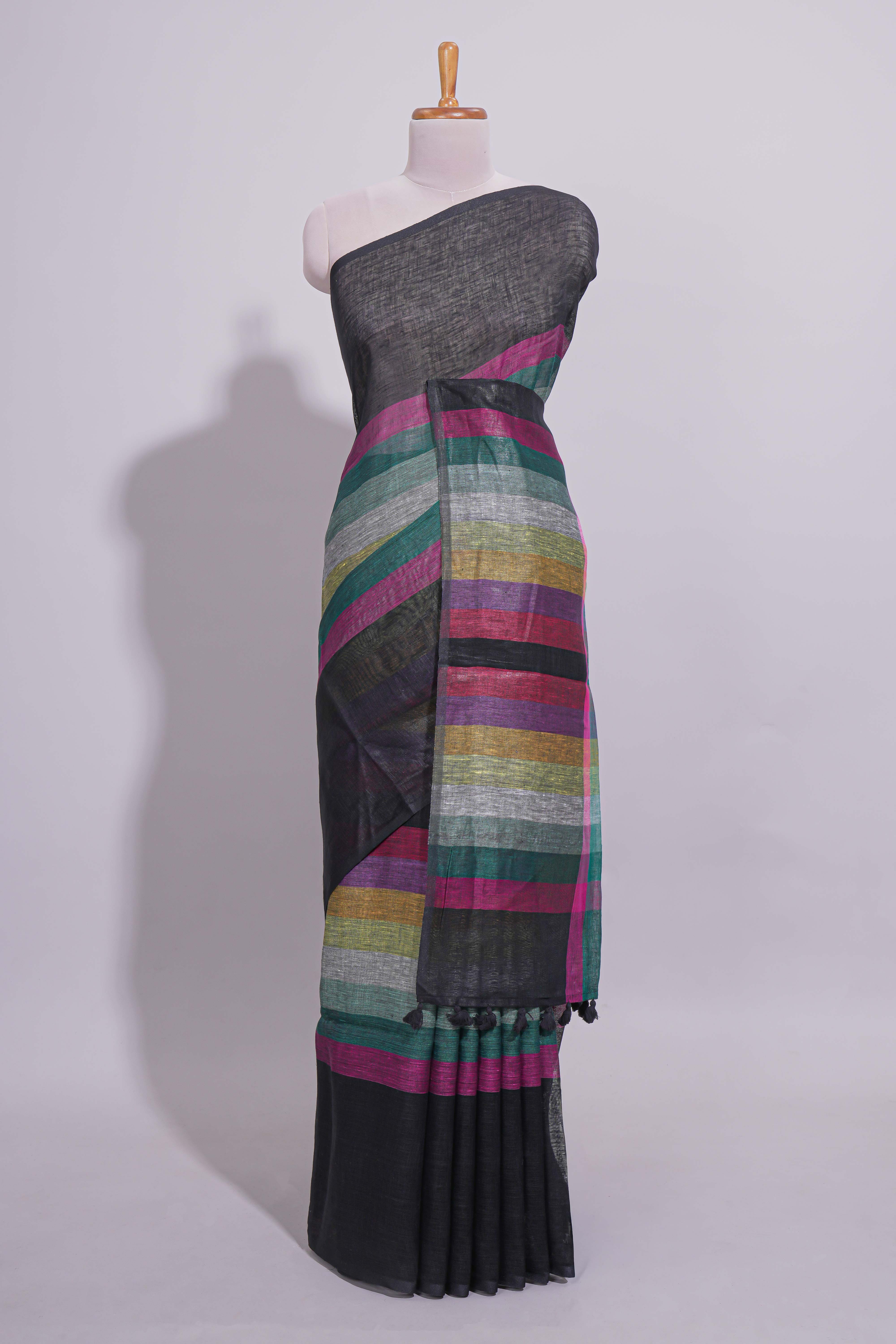 Multicolor Stripes on Black Linen Cotton Saree With Multicolor Pallu and Matching Blouse