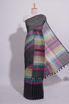 Multicolor Stripes on Black Linen Cotton Saree With Multicolor Pallu and Matching Blouse