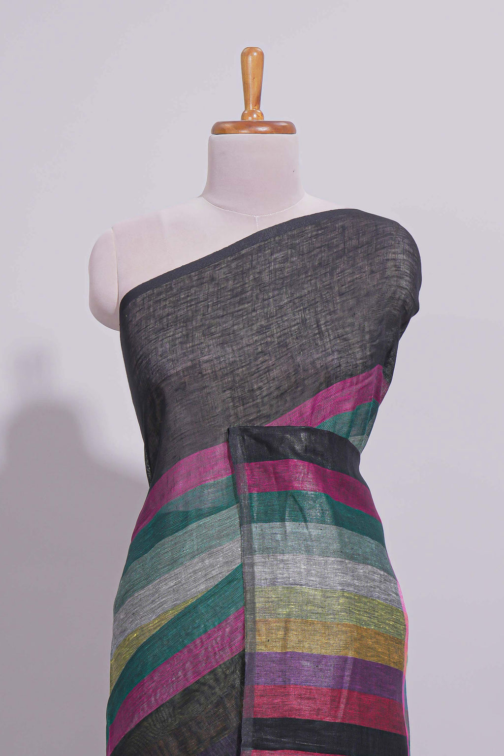Multicolor Stripes on Black Linen Cotton Saree With Multicolor Pallu and Matching Blouse