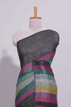 Multicolor Stripes on Black Linen Cotton Saree With Multicolor Pallu and Matching Blouse