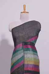 Multicolor Stripes on Black Linen Cotton Saree With Multicolor Pallu and Matching Blouse