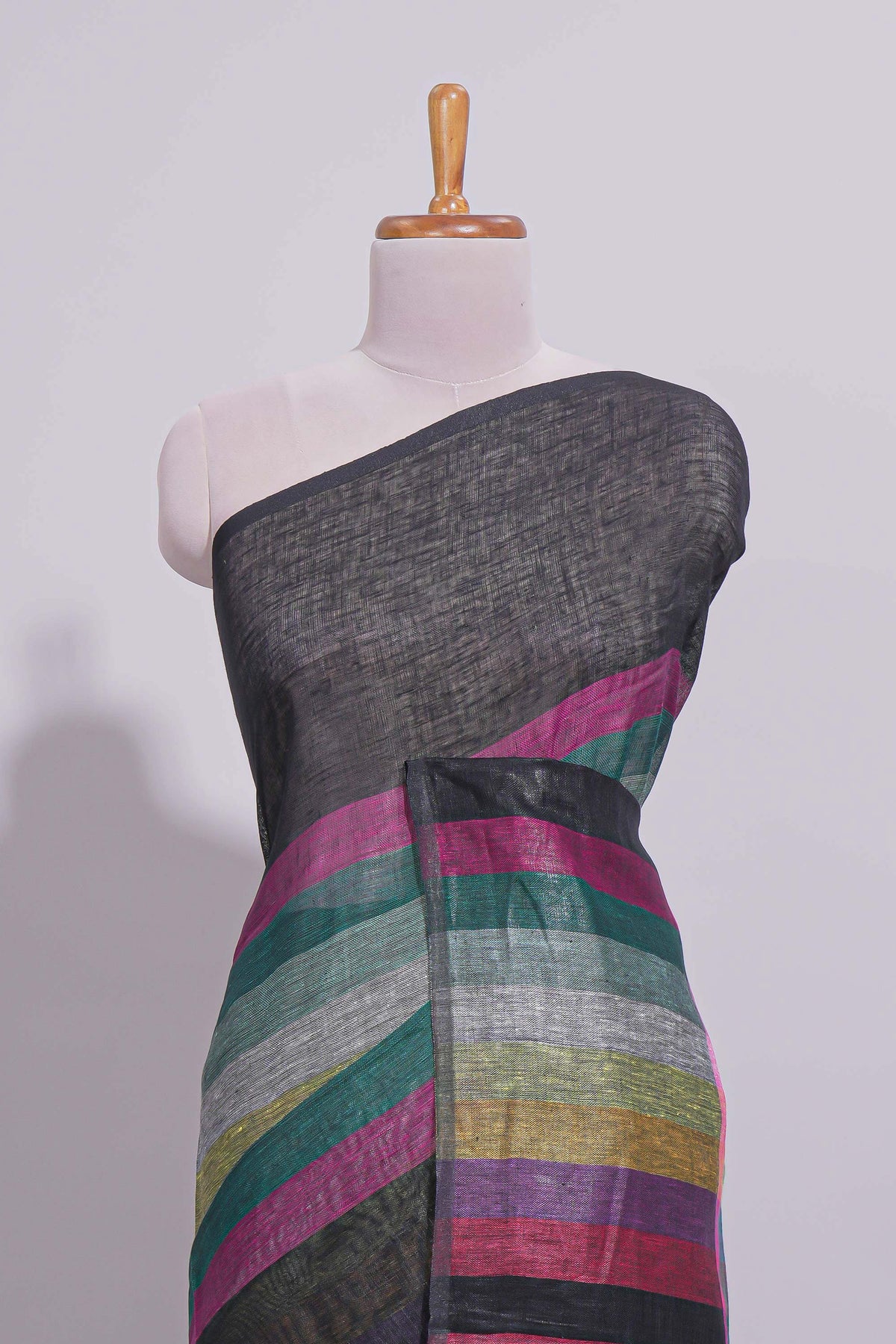 Multicolor Stripes on Black Linen Cotton Saree With Multicolor Pallu and Matching Blouse