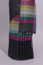 Multicolor Stripes on Black Linen Cotton Saree With Multicolor Pallu and Matching Blouse