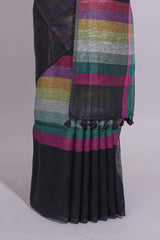 Multicolor Stripes on Black Linen Cotton Saree With Multicolor Pallu and Matching Blouse