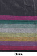 Multicolor Stripes on Black Linen Cotton Saree With Multicolor Pallu and Matching Blouse