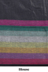 Multicolor Stripes on Black Linen Cotton Saree With Multicolor Pallu and Matching Blouse