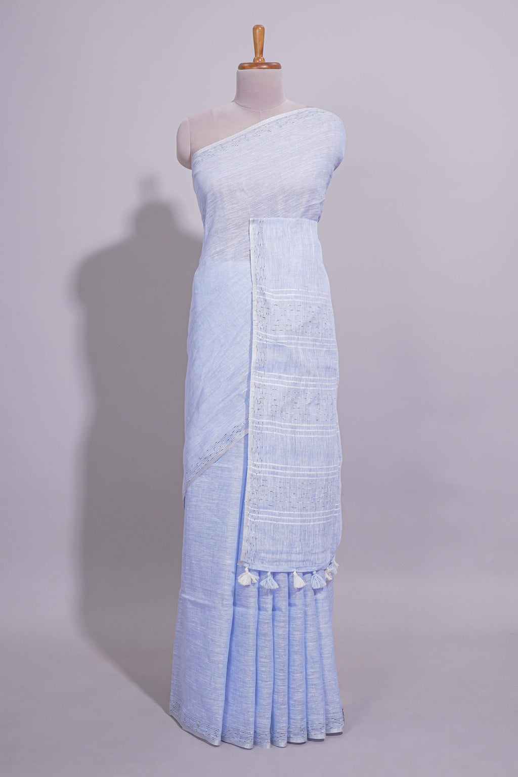 Lavender shade Plain  Linen Cotton saree With Matching border and Striped Blouse