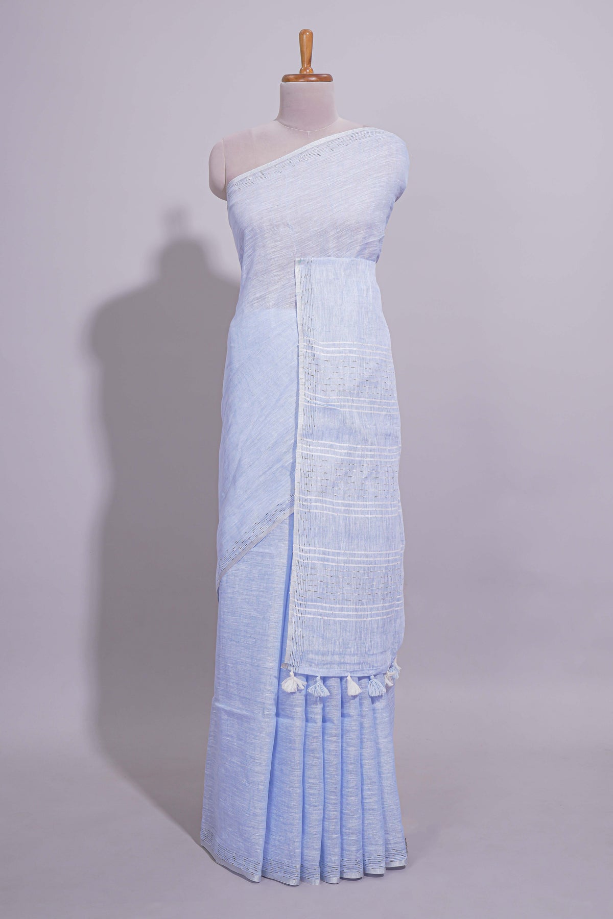 Lavender shade Plain  Linen Cotton saree With Matching border and Striped Blouse