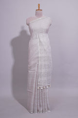 Grey shade PlainLinen Cotton saree With Matching border and Striped Blouse