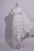 Grey shade Plain  Linen Cotton saree With Matching border and Striped Blouse