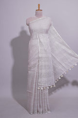 Grey shade PlainLinen Cotton saree With Matching border and Striped Blouse