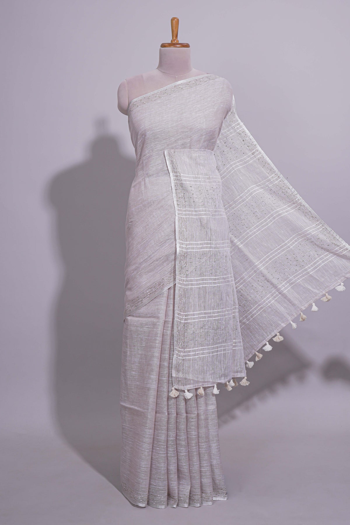 Grey shade Plain  Linen Cotton saree With Matching border and Striped Blouse