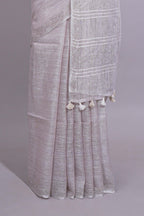 Grey shade Plain  Linen Cotton saree With Matching border and Striped Blouse