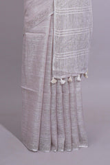 Grey shade PlainLinen Cotton saree With Matching border and Striped Blouse