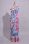 White Linen saree with blue stripes and vibrant pink floral scallop border with contrast printed blouse
