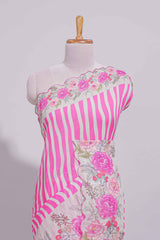White Linen saree with pink stripes and vibrant pink floral scallop border with contrast printed blouse
