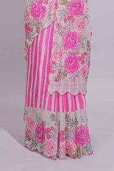White Linen saree with pink stripes and vibrant pink floral scallop border with contrast printed blouse